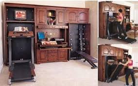Hidden Exercise Equipment In Fancy Wooden Furniture Home Office Workout Room Workout Rooms