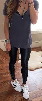 Winter Fashion Grey Top Black Leather Leggings White Sneakers Clothing Shoes Jewelry Women S Outfits With Leggings Fashion Black Leggings Outfit
