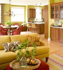 So Warm And Happy Color Theme In Yellow Green And Red With Wood Cabinets Livingroom Dining Room Kitchen Living Room Green Yellow Living Room Home