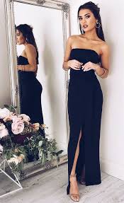 Sheath Strapless Floor Length Black Elastic Satin Prom Dress With Split Strapless Evening Dress Navy Prom Dresses Prom Dresses Sleeveless