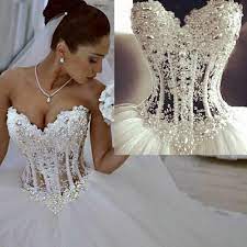 Wonderful Pearls Corset Lace Ball Gown Wedding Dresses White 2016 Sweetheart Lace Bridal Dress Beads Custom Made Vestido De Novia W4002 Ball Gown Dresses Cheap Bridal Ball Gown Ball Gown