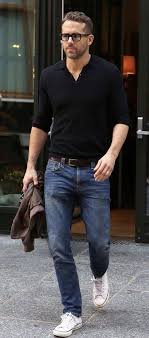 Black And White Long Sleeve Polo Ryan Reynolds With A Summer Outfit Idea With A Black Long Sleeve Polo Shirt Brown Leather Belt Blue Jeans B Spring Outfits Men Mens Fashion Casual Mens Outfits