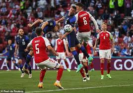 Finland's joel pohjanpalo opens the scoring against denmark with a diving header from a jere uronen cross, beating kasper schmeichel at the parken stadium during euro 2020. Hl3f3qquuows8m