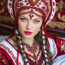 Russian russian empire style makeup, slavyanka, russian patterns, detailed,  amaranth red, burgundy, scarlet, white…" — image created in Shedevrum