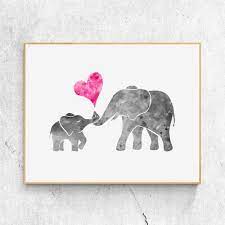 Buy Watercolor Grey Baby Elephant With Mom Art Print Painting Wall Art Pink Love Heart Cute Picture Kids Room Decor Nursery 8x10 Inches No Frame Online In Indonesia B07jpb5w71