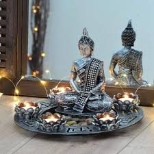 Buddha Dekoteller Silber Mit Teelichthaltern Und Deko Steinen Geschenke Fur Teenager Buddha Dekoteller