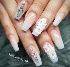 Tapered Square Nails Ombre Nails Nails With Rhinestones 3d Flowers Acrylic Nails Flower Nails Rhinestone Nails Trendy Nail Art Flower Nails