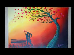 Romantic Couple Under The Heart Leaves Tree Acrylic Painting Tutorial Youtube Tree Painting Canvas Painting Love Painting