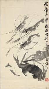 qi baishi 1863 1957 crab and fish ink on paper mounted dated 1940 65 36cm 齊白石 1863 1957 蝦蟹遊魚圖 水墨紙本 鏡片 1940年作 款識 穠華女弟遠遊吉利 庚辰 白石 鈐印 齊大 朱