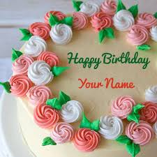 Happy Birthday Pink And Green Flower Cake With Name Pink Rose Cake Pink Birthday Cakes Cake Name