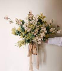 Floral Design By Rise Floral Lake Tahoe Florist Sweet Peas Acacia Bridal Bouquet Golden Blush Fine Art W In 2020 Floral Bouquets Floral Silk Flower Arrangements