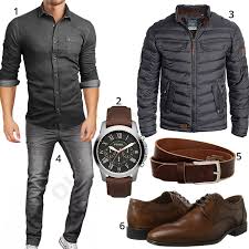 Graues Herren Outfit Mit Hemd Winterjacke Und Jeans M0610 Herren Outfit Graue Jeans Herren Lassige Herrenmode