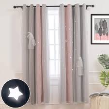 Amazon Com Hughapy Star Curtains Stars Blackout Curtains For Kids Girls Bedroom Living Room Colorful Double Layer Star Cut Out Stripe Window Curtains 1 Panel 52w X 63l Pink Grey Home