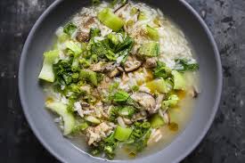 Soupy Rice With Chicken Bok Choy And Mushrooms Pao Fan Recipe Stuffed Mushrooms Bok Choy Chicken Vegetable Recipes