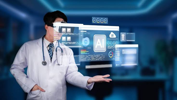 Doctor interacting with AI data interfaces, AI generated