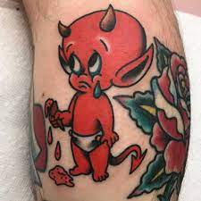 Guest artist stef neale tattoos asbestos diaper wearing hot stuff the little devil on kings avenue tattoo artist matt adamson. Sad Hot Stuff The Little Devil Tattoo On The Calf