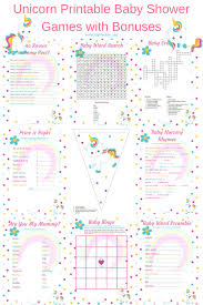 Unicorn Printable Baby Shower Games With Bonuses Unicorn Baby Shower Baby Shower Printables Printable Baby Shower Games