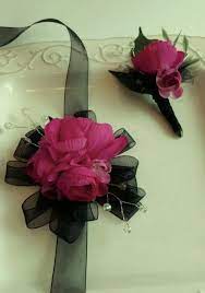 Wrist Corsage Shades Magenta Fuchsia And Pink With Black Ribbon And Matching Boutonniere Prom Set Comes In Clea Wrist Corsage Corsage And Boutonniere Corsage