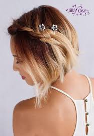 Hawaiian Flower Bobby Pins Secure Stylish Side Braid In Her Short Red To Blonde Ombre Hair Short Hair Styles Short Hair Updo Ombre Hair Blonde