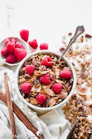 The basic recipe contains oats, maple syrup, seeds and nuts, olive oil, ground cinnamon and vanilla extract, you can add whatever seeds/nuts you want or have lying around, or throw in some chocolate chips at the end. Coconut Pecan Granola
