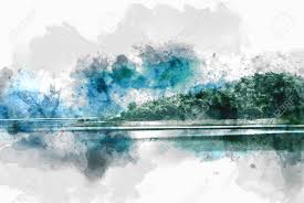 No surprise i want to try this scene using watercolor on yupo paper. Abstract Mountain Hill And River Lake On Watercolor Painting Stock Photo Picture And Royalty Free Image Image 104552123