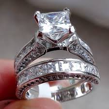Princess White Cz 925 Sterling Silver Wedding Band Engagement Ring Sets Sapphire Wedding Ring Set Engagement Rings Wedding Bands Set Wedding Ring Sets