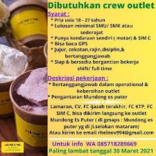 Info lowongan kerja 2020 hari ini (21/08/2020) di channel youtube tubeloker yaitu info lowongan kerja tanpa ijazah di berbagai. Lowongan Crew Outlet Mundong Es Puter Portal Lowongan Kerja Jogja Bumn