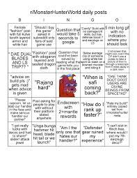 Player name cannot be empty. Subreddit Bingo Make It A Drinking Game If You Have A Death Wish Monsterhunterworld