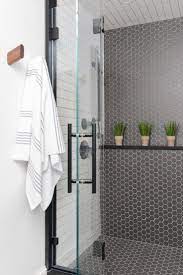 Modern Black And White Bathroom Black Hex Tile White Stacked Elongated Subway T White Subway Tile Shower Bathroom Shower Tile Elongated Hexagon Tile Bathroom