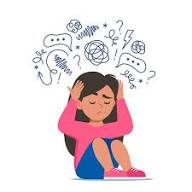 Niña Triste Parada En El Suelo Rodeada Por Una Corriente De Pensamientos Ansiosos. Autismo, Estrés Infantil, Trastorno Mental, Ansiedad, Depresión, Estrés, Dolor De Cabeza. Niño Tapó Los Oídos Con Las Manos. Ilustración