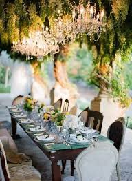 Outdoor Wedding Reception With Chandeliers With A Muted Color Palette Outdoor Chandeliers Wedding Decorations Outdoor Dining