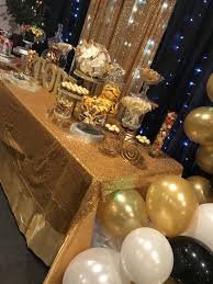 Birthday Party Black And Gold Table Decoration Ideas Candy Bar Great Gatsby Black And Gold White Balloons 50th Birthday Party Candy Bar