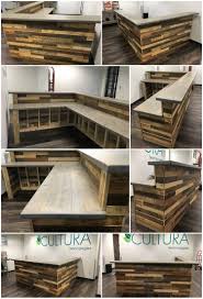 Some stools are several inches taller or shorter. Wood Pallets L Shape Desk Counter And Bar Table Diy Home Bar Bar Table Design Home Bar Designs
