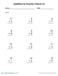 Addition To 20 Check In Worksheet Education Com Addition Worksheets Kids Math Worksheets 2nd Grade Math Worksheets