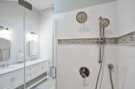 Shower With Gray And Blue Mosaic Border Tiles Transitional Bathroom White Glass Tile Blue Mosaic Border Tiles