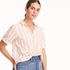 Women S Short Sleeve Button Up Shirt In Wide Stripe Women S Shirts Button Up Shirt Womens Women S Button Down Shirt Shirt Outfit Summer