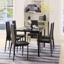 Which is the best dining room table set? Metal Dining Table Set With 6 Chairs Heavy Duty Tempered Glass Dining Table And 6 Chairs 7 Piece Kitchen Dining Set For Bar Breakfast Nook Small Spaces Dining Room Furniture Black W12770