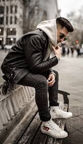 How To Wear High Top Converse With Skinny Jeans Guys Tommeezjerry With A Monochrome Fall Outfit With A Black Leather Jacket Gray Hooded Sweatshirt Blac Casual Leather Jacket Mens Outfits Leather Jacket Outfits