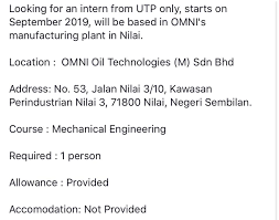 Omni oil technologies (m) sdn bhd (plant), 53.a jalan nilai 3/10 kaw. Internship Omni Oil Utp Career Development Office Facebook