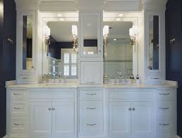 Double White Vanities With Mirrored Upper Cabinets And Lots Of Drawers For Storage White Bathroom Cabinets Upper Cabinets Bathroom Vanity