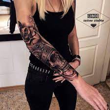 You found it!there's no particular meaning behind tattoo sleeves, they are just awesome and demand a huge amount of creativity to make one that stands out from the rest. Black And White Half Sleeve Women Tattoo Half Skull Tattoo Tattoos For Women Half Sleeve Skull Sleeve Tattoos Sleeve Tattoos For Women
