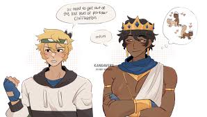 evbo, seawattgaming, minecraft youtube, parkour civilization, commentary,  english commentary, highres, 2boys, ancient egyptian clothes, bara, black  eyes, blonde hair, blue cape, blue gloves, bracelet, brown hair, cape,  clenched hand, crossed arms, crown,