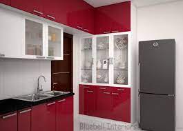 Red White Kitchen Crockery Unit Design On Glass Shutters Crockery Unit In Kitchen Crockery Unit Crockery Design Red And White Kitchen