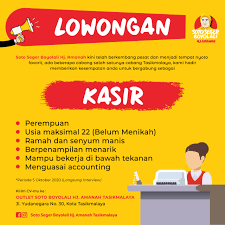 Check spelling or type a new query. Lowongan Kerja Kasir Soto Seger Boyolali Hj Amanah Cabang Tasikmalaya Loker Tasikmalaya