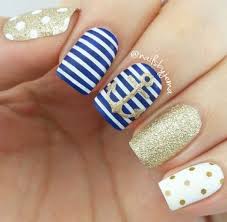 Sailor Nails Blue White Horizontal Stripes Gold Glitter Anchor Polka Dot Nautical Nails Anchor Nail Art Anchor Nail Designs