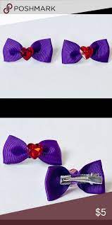 Purple Bow Hair Clip Set With Red Heart Rhinestone Bow Hair Clips Purple Hair Bows Purple Bows