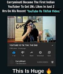 Watch the latest video from youtube vs tiktok (@youtubevstiktok_live). Carryminati Became The First Indian Youtuber To Get Likes In Just 2 Hrs On His Recent Youtube Vs Tiktok Video Youtube Vs Tik Tok The End V 478k Views 2 Hours Ago