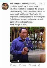 The last message to prophet tb joshua by his wife evelyn joshua before his death has been revealed.prophet tb joshua has been reported dead at the age of 58. Ihizozgfehf6um