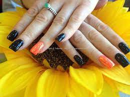 Acrylic Nails With Black Gelish Gel Polish Bright Orange Gelish Gel Polish On Ring Fingers Nail Art Photos Acrylic Nails Black Nails