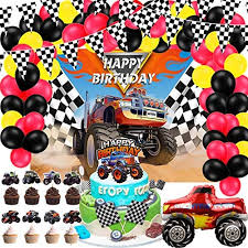 Polish your personal project or design with these monster truck transparent png images, make it even more personalized and more attractive. 75 Piece Monster Truck Birthday Party Supplies Happy Birthday Monster Truck Background Triangle Checkered Flags Truck Foil Balloons Cute Monster Truck Cupcake Toppers Buy Online At Best Price In Uae Amazon Ae